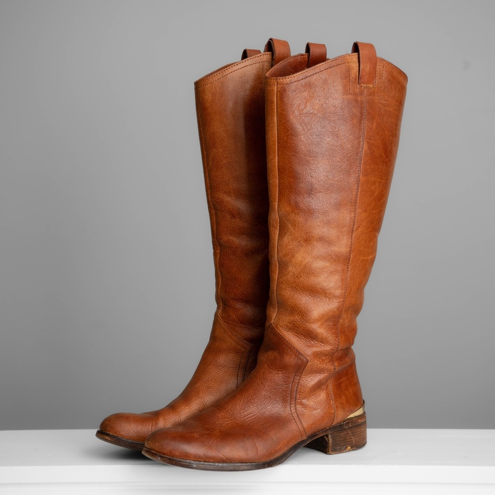 Louise et Cie Cognac Brown Leather Tall Riding Boots Sz 10 Distressed Minimalist